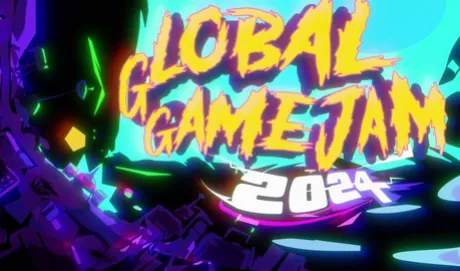 Global Game Jam 2024 logo in yellow graffiti lettering on a neon purple and blue background.