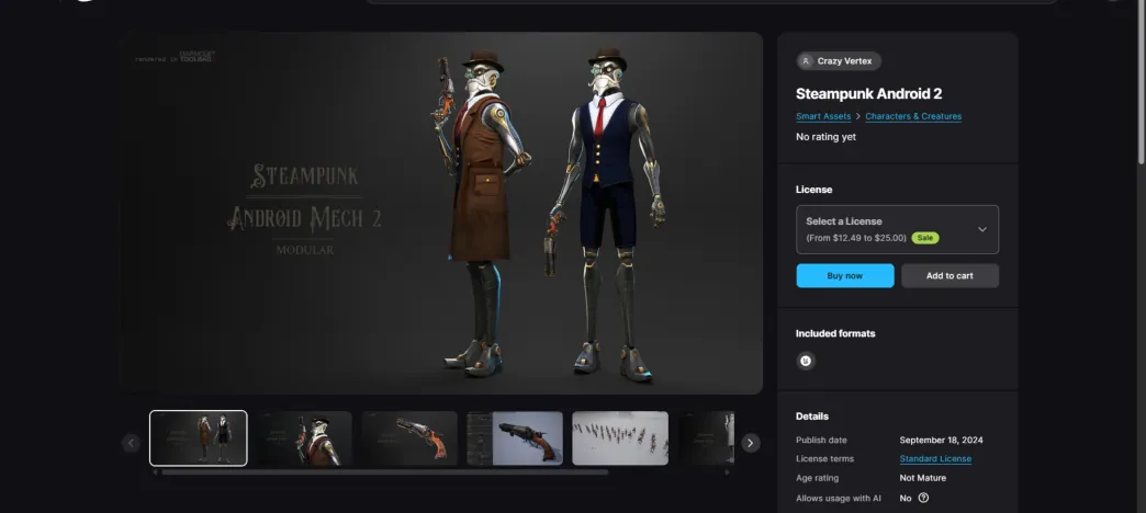 Fab listing page for the Steampunk Android 2 character model, showing two robot figures in suits and hats.