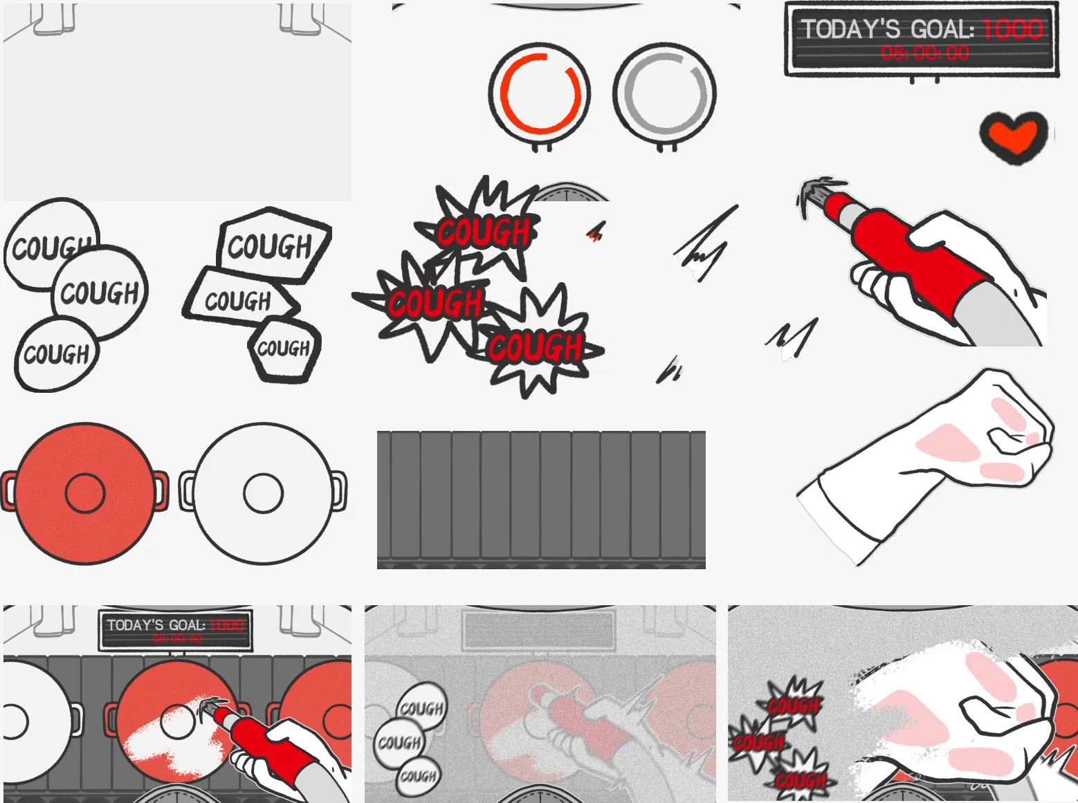 The game art split into separate pieces (background, pass-rate rings, goal panel, heart, cough bubbles and bursts, the (described below)
