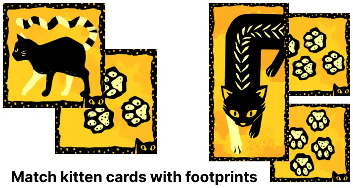 Illustration of a small kitten card placed over a footprint card and a big kitten card placed over two footprint cards, labelled Match kitten cards with footprints.