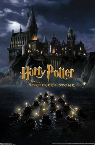 Poster for Harry Potter and the Sorcerer’s Stone showing Hogwarts castle at night.