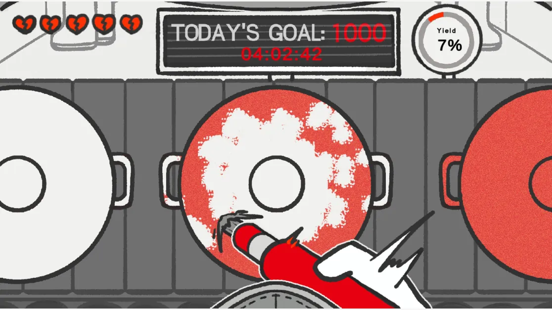 Game screen: a hand sprays a red pot on the conveyor belt with the red sand gun, leaving white patches, under the TODAY’S GOAL: 1000 panel.