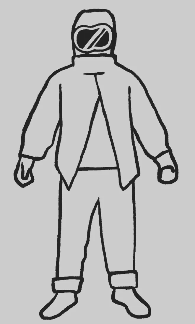 Line drawing of the sandblasting worker in a hooded protective suit and goggles, on a grey background.