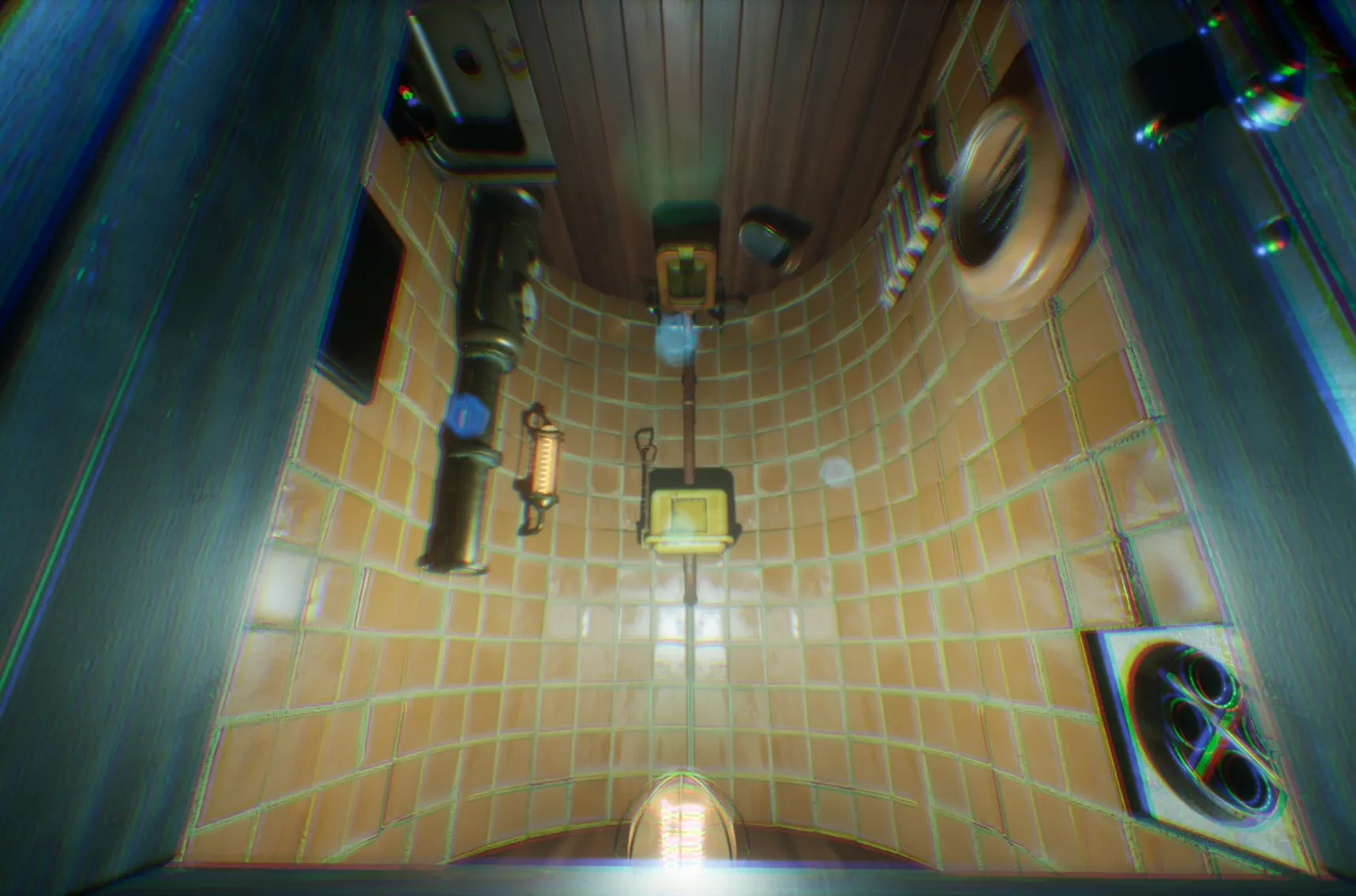 Unreal Engine 5 scene of the Inverted Toilet: a tiled steampunk train restroom flipped upside down, with its wooden floor at the top of the frame.