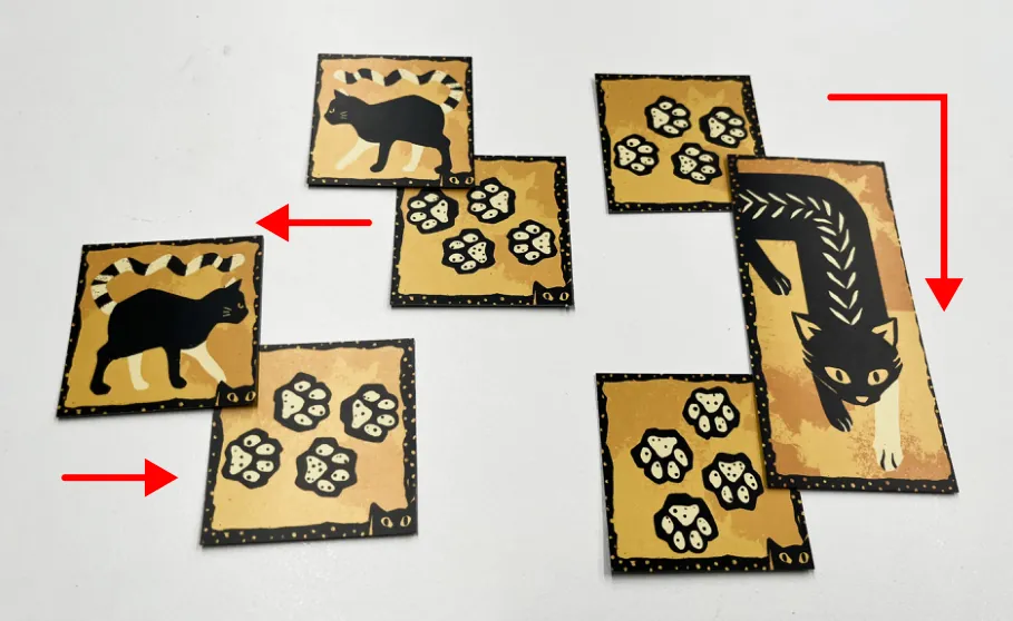 Printed kitten cards paired with footprint cards on a table, with red arrows marking the direction of movement.