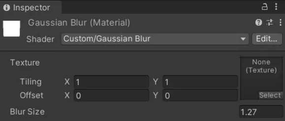 Unity Inspector for a Gaussian Blur material using the Custom/Gaussian Blur shader, with Blur Size set to 1.27.