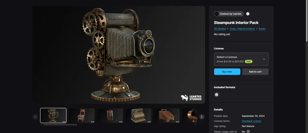 Fab listing page for the Steampunk Interior Pack, showing a brass camera-projector prop with gears.