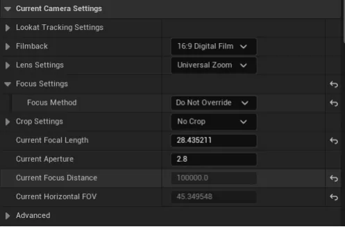 Unreal Engine camera settings panel showing a current focal length of 28.435211 and an aperture of 2.8.