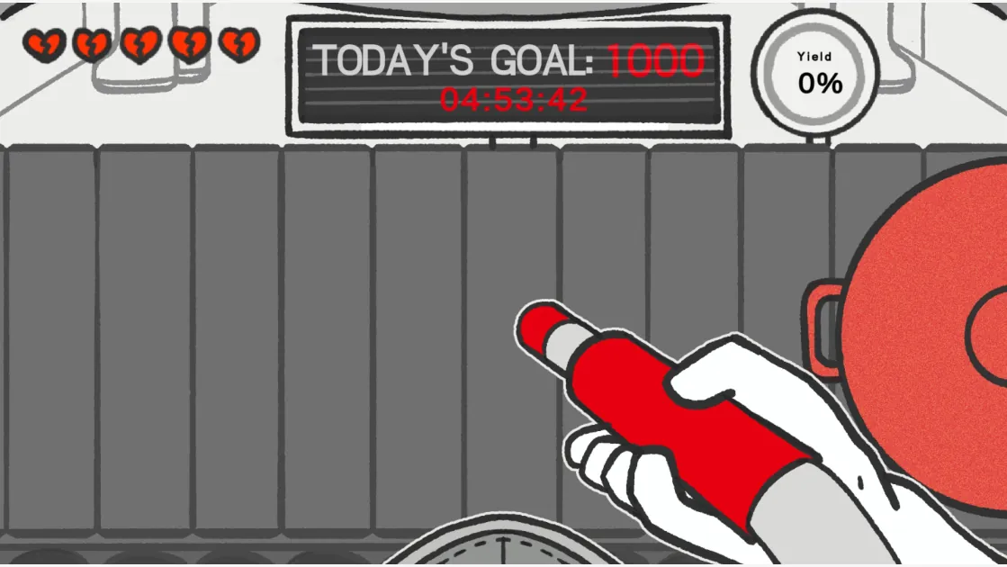 Game screen: five hearts, the TODAY’S GOAL: 1000 panel with a 04:53:42 timer, a Yield ring at 0%, and the hand holding the red sand gun over the conveyor, with a red pot at the right edge.