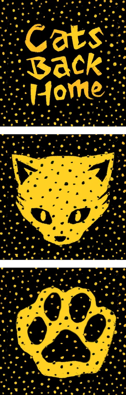 Three black card back designs with yellow dots: the Cats Back Home lettering, a dotted cat face and a large paw print.