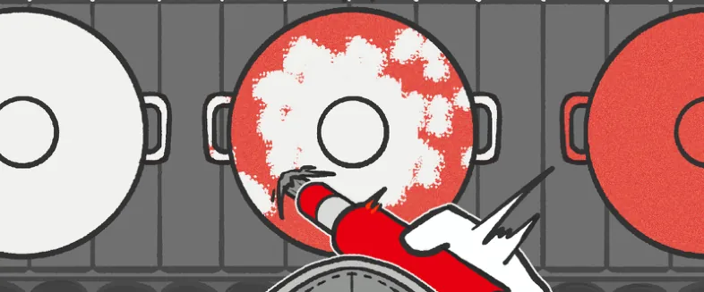 Pots on the conveyor belt; the sand gun sprays a red pot, leaving white patches where it has been sprayed.
