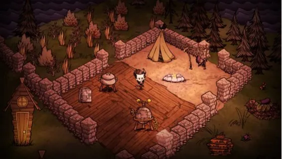 Screenshot of Don’t Starve: a 2D camp inside stone walls, seen from an angled top-down camera.