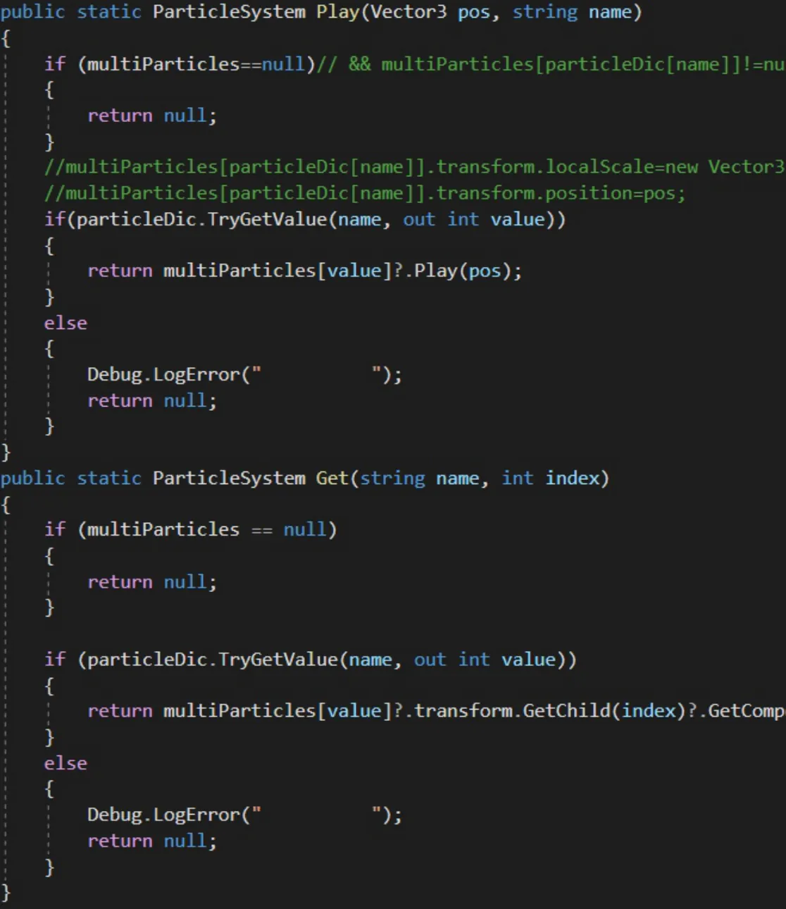 C# code for a particle player: static Play and Get methods look up a particle effect by name in a dictionary, returning null and logging an error when it is not found.