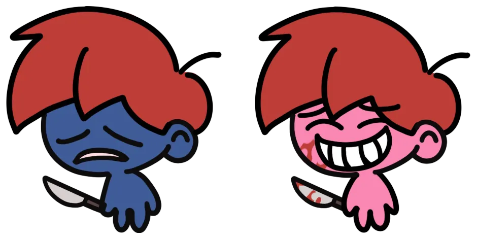 Two portraits of the killer, who has red hair and holds a knife: on the left with blue skin and a worried frown, on the right with pink skin, a wide grin and blood stains.