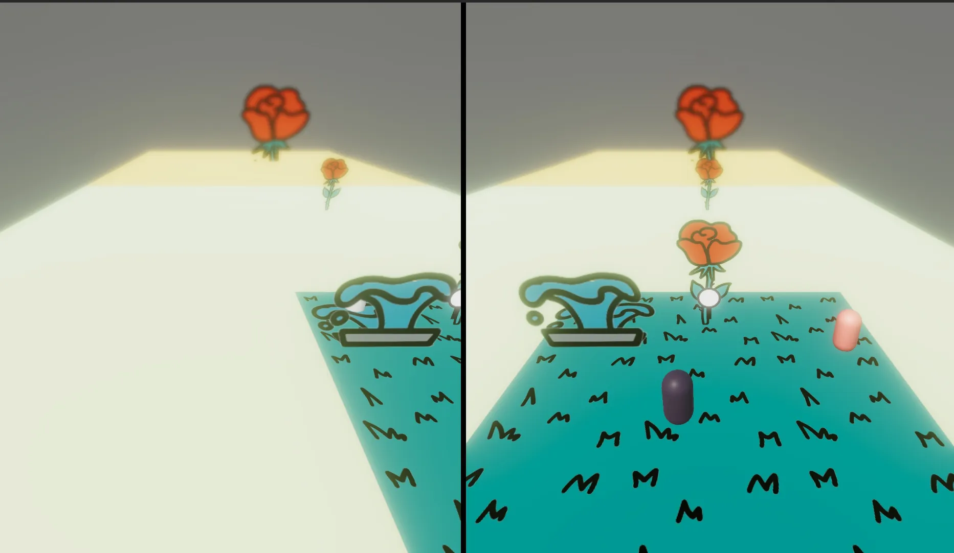Early split-screen prototype: a pale ground plane with a teal grass patch and floating roses in each half of the screen.