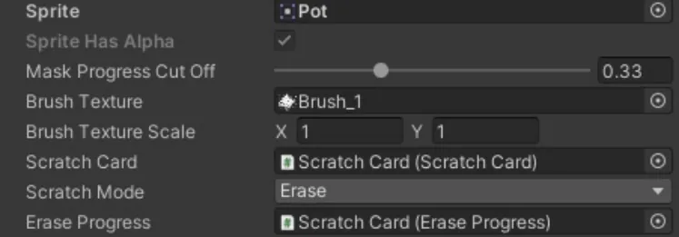 Unity Inspector settings for the Scratch Card plugin: Sprite set to Pot, Mask Progress Cut Off 0.33, Brush Texture Brush_1, Scratch Mode Erase.