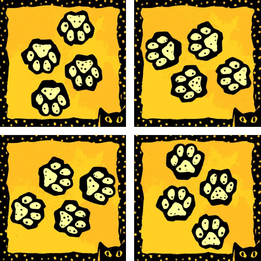 Four footprint card designs with clusters of black-and-cream paw prints on yellow.