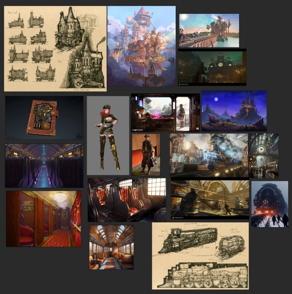 Mood board of reference images: pencil sketches of Gothic train-houses and locomotives, floating steampunk cities, ornate train corridors and carriages, a steampunk journal and character outfits.