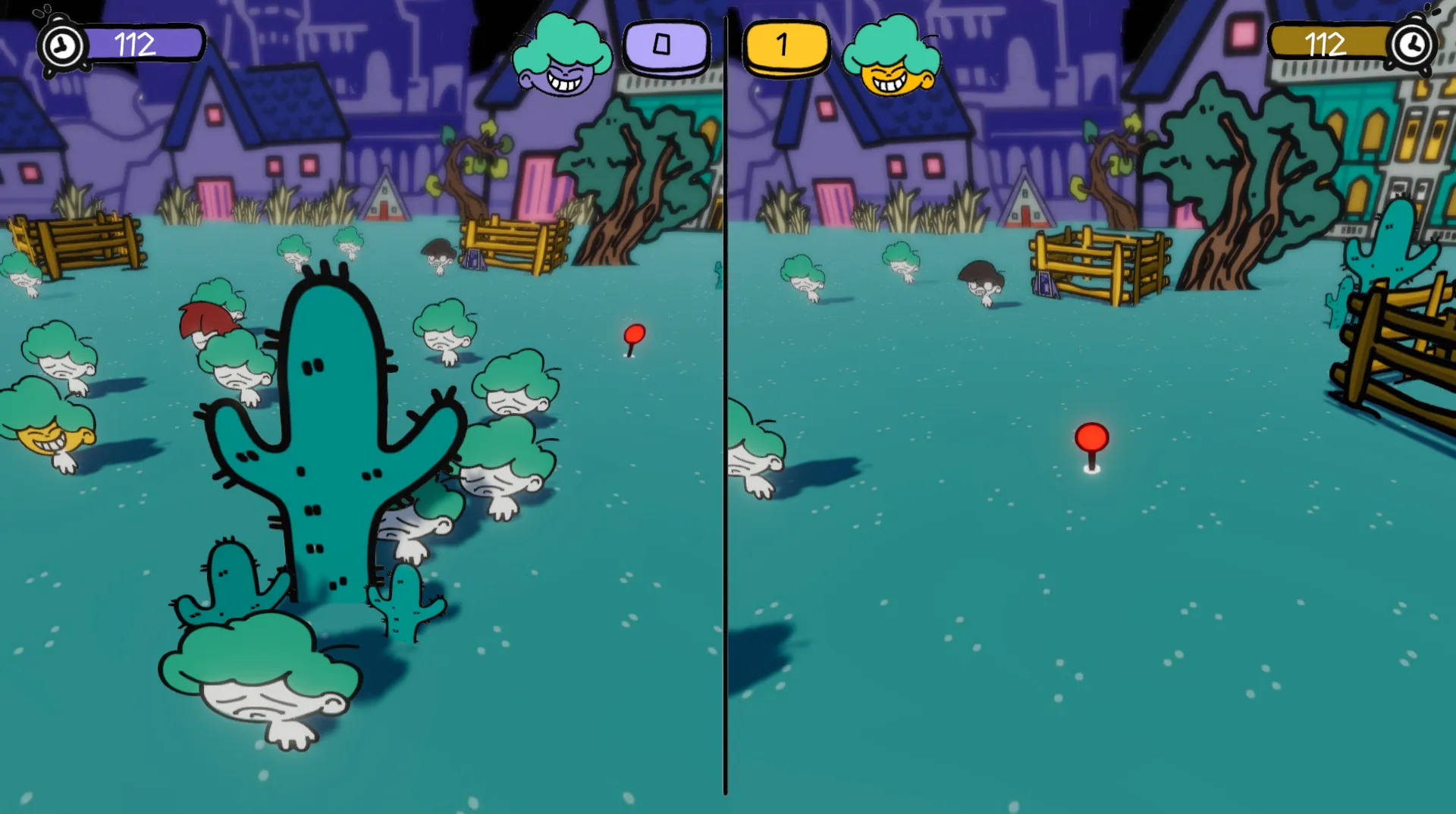 Split-screen gameplay, each half with its own timer and score: a cactus among villagers on the left, a small red light in an open field on the right.