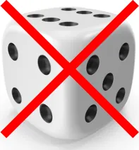 A white six-sided die crossed out with a red X.