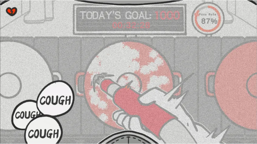 A grey, grainy, blurred game screen with one heart left: the sand gun sprays a pot while cough bubbles appear in the lower left.