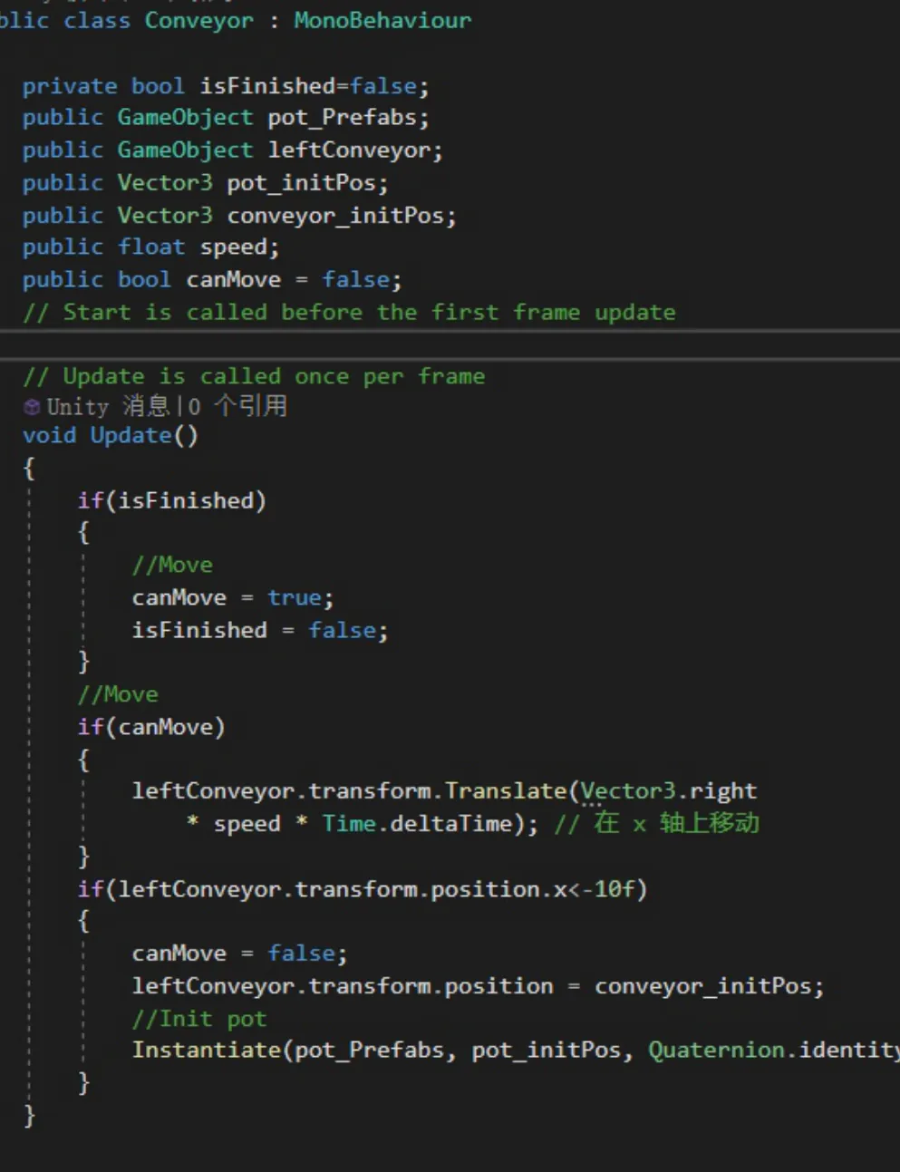 C# code for the Conveyor class: in Update, once a pot is finished the conveyor moves along the x-axis; after it passes x = -10 it returns to its start position and a new pot is instantiated.