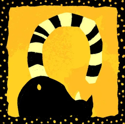 U-turn card design: a black cat with its striped tail arching back over its head.