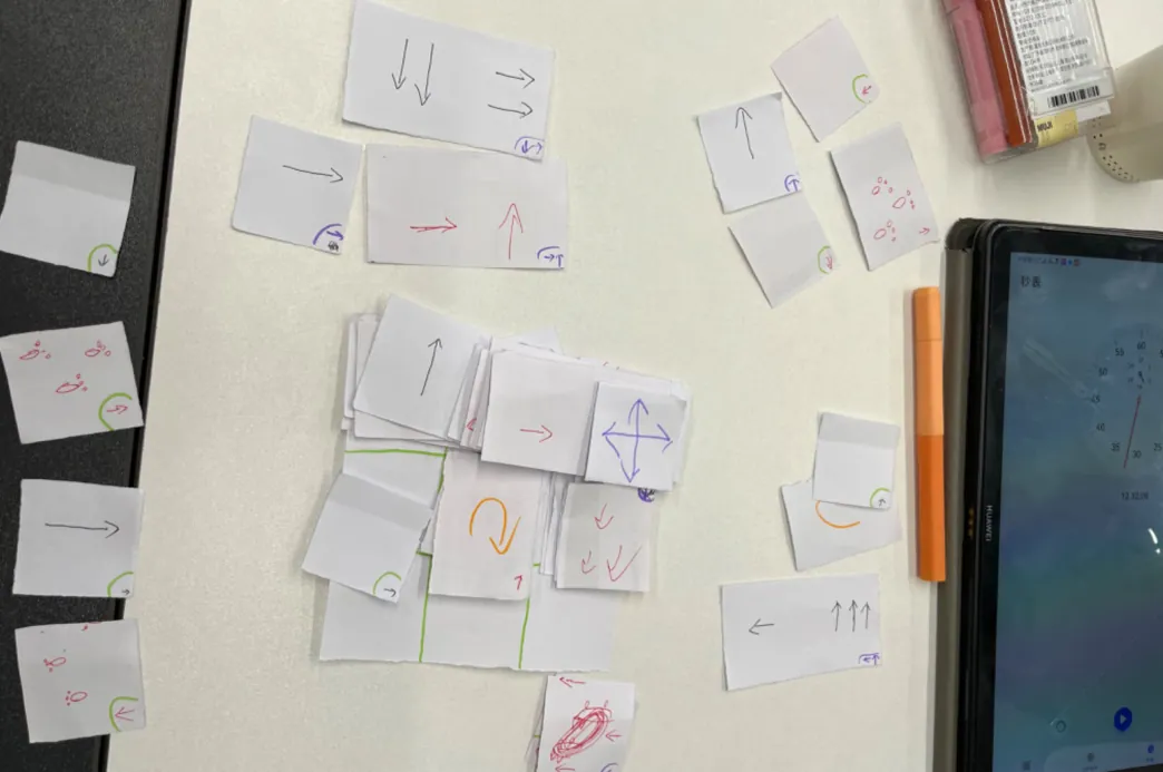 Overhead photo of a Version 4 playtest: paper cards with hand-drawn arrows on a white table next to a tablet and markers.