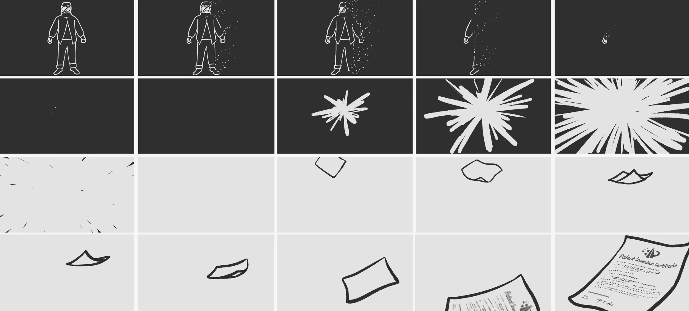 Twenty frames of the ending: on a dark screen the worker crumbles into dust and vanishes, a white burst fills the frame, then on a light screen a sheet of paper drifts down and lands as a patent certificate.