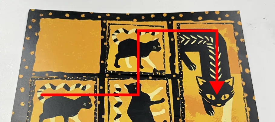 Kitten cards placed on the printed 3 by 3 map, with a red line tracing the kitten’s path across the squares.