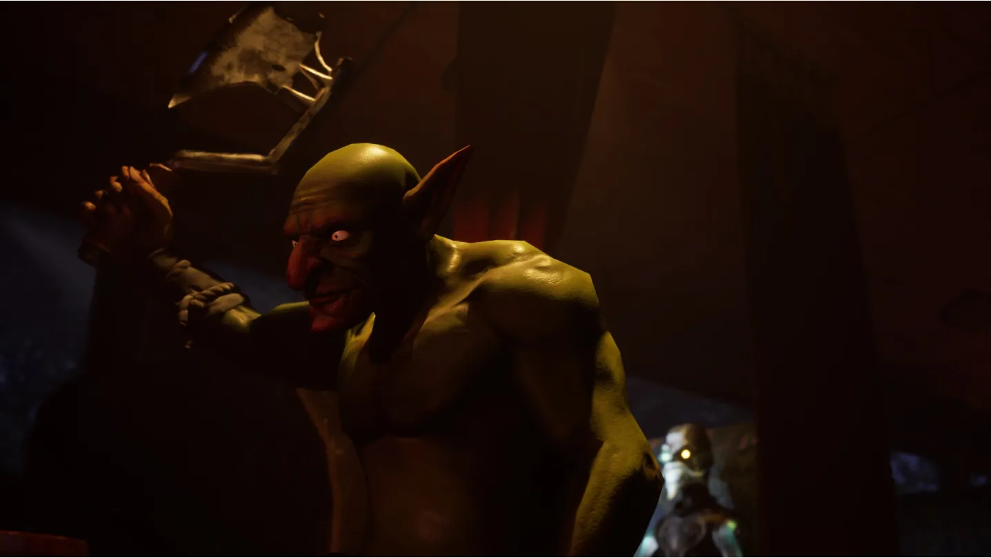 Final render: the Goblin raises an axe in a dim carriage while the Professor stands in the background.