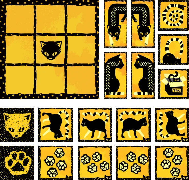 Card designs laid out together: the yellow 3 by 3 map with a cat face in the center, big kitten cards, special cards, two card backs, small kitten cards and footprint cards, all in black and yellow.