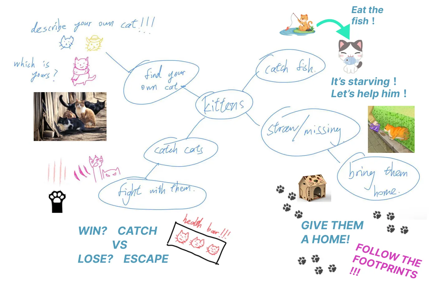 Hand-drawn mind map around the word Kittens, branching to find your own cat, catch fish, stray/missing, bring them (described below)