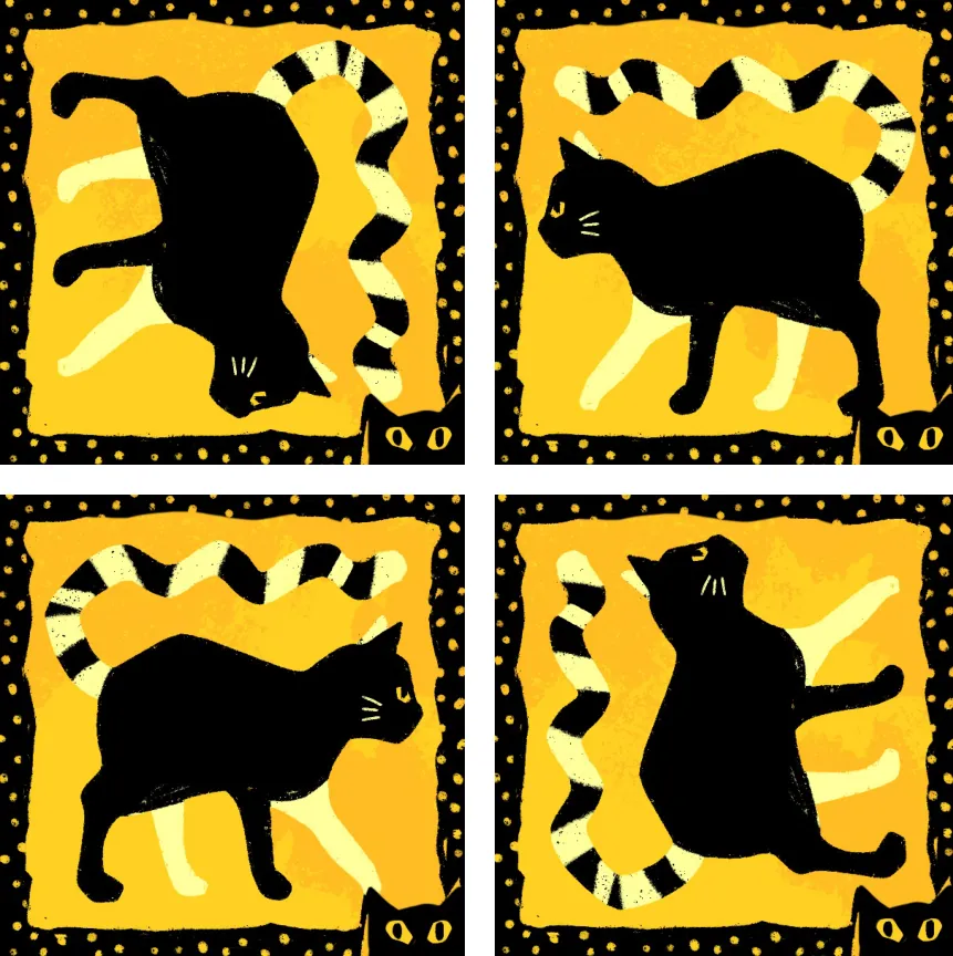 Four small kitten card designs: black cats with striped tails in different poses on yellow cards with dotted black borders.