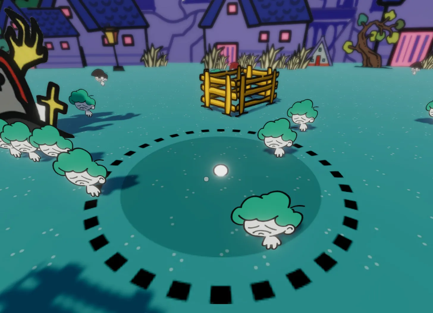 Gameplay: a dashed black circle spreads on the ground around a glowing white point, with villagers nearby.