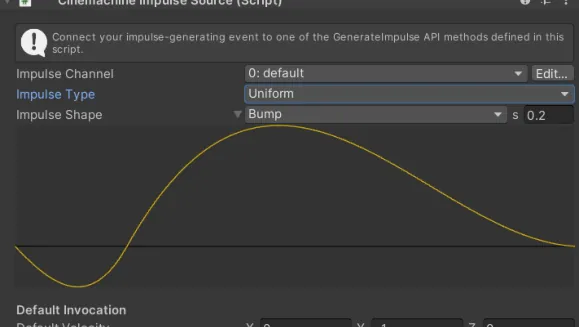 Unity Inspector for a Cinemachine Impulse Source: Impulse Channel default, Impulse Type Uniform, Impulse Shape Bump, with a yellow wave curve.