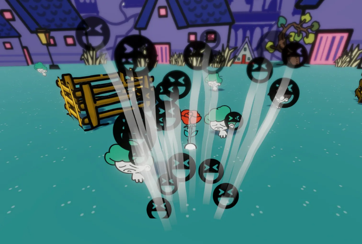 Gameplay: black laughing faces burst out of the ground in white streaks next to a wooden fence.