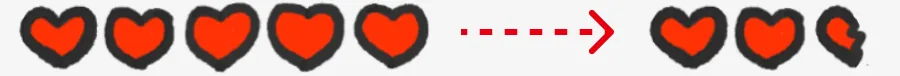 Five red hearts, a dotted red arrow, then two hearts and a partly broken one.