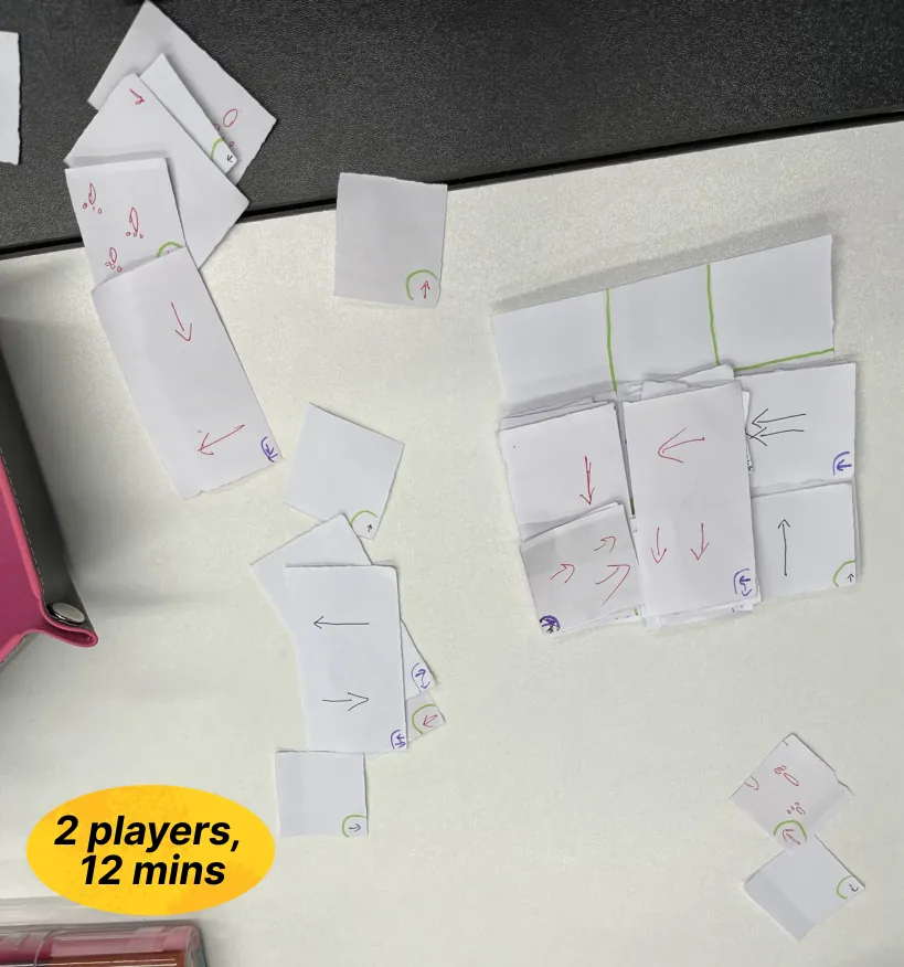 Overhead photo of a Version 3 playtest with paper cards spread across a table, with a yellow badge reading 2 players, 12 mins.