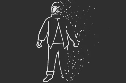 The worker drawn in white lines on a dark screen, half of his body breaking up into white dust.