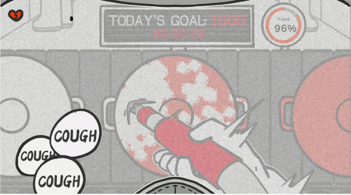 A grey, blurred screen with a single heart left, the Yield ring at 96%, and cough bubbles in the lower left.