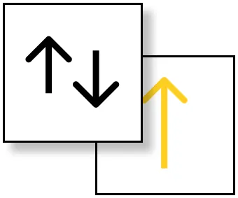 Diagram of a card with up and down arrows laid over a card with a yellow up arrow, partly covering it.
